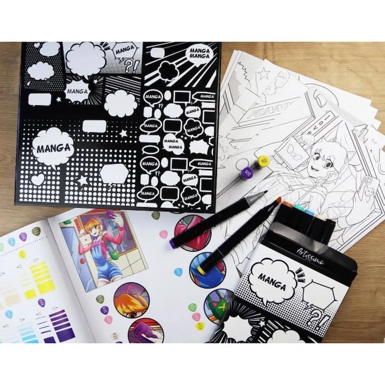 Coffret créatif manga fille - Sycomore - 10 papiers layout imprimés avec 8 marqueurs noir - Sycomore
