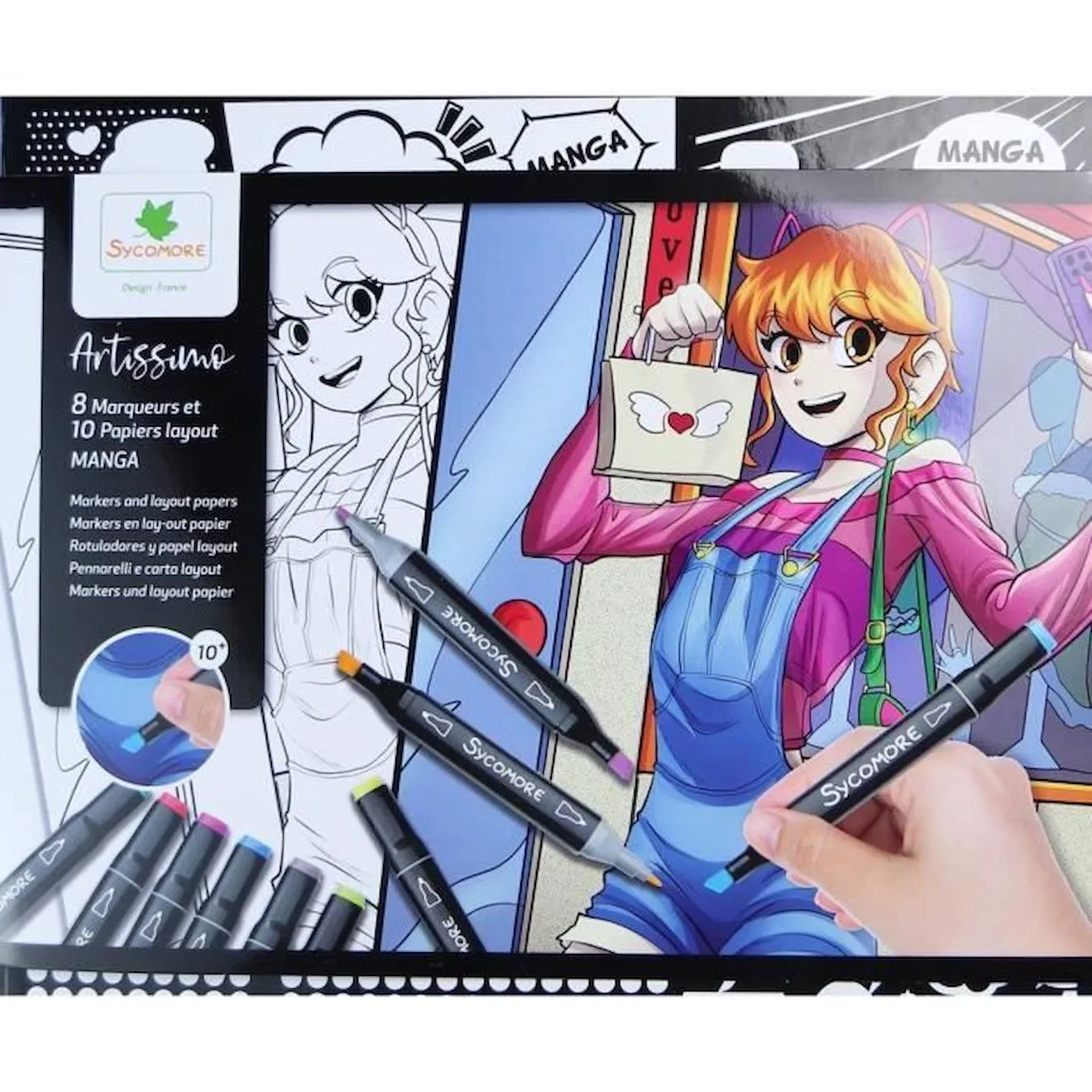 Coffret créatif manga fille - Sycomore - 10 papiers layout imprimés avec 8 marqueurs noir - Sycomore