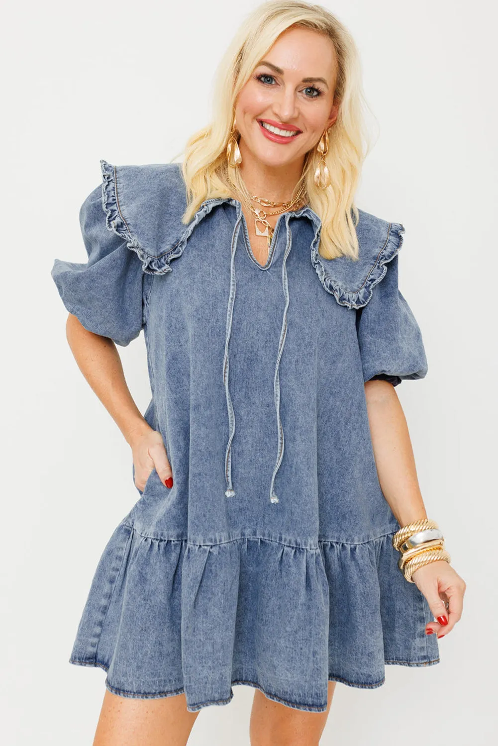 Mini-robe en jean bleu crépuscule avec poches latérales *
