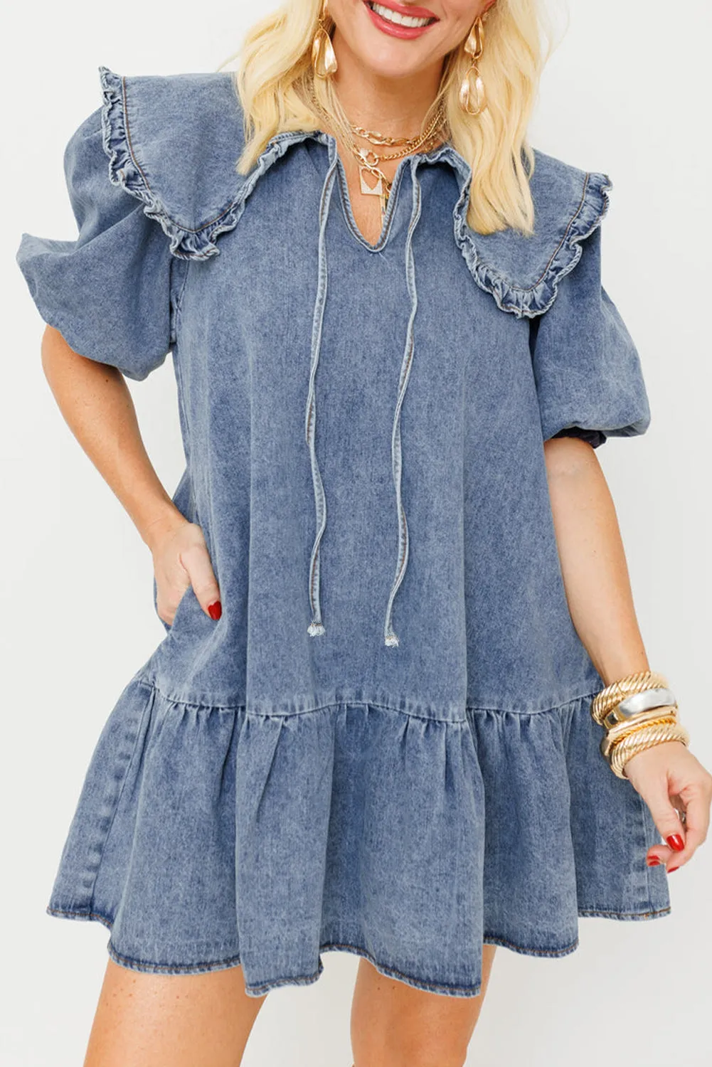 Mini-robe en jean bleu crépuscule avec poches latérales *