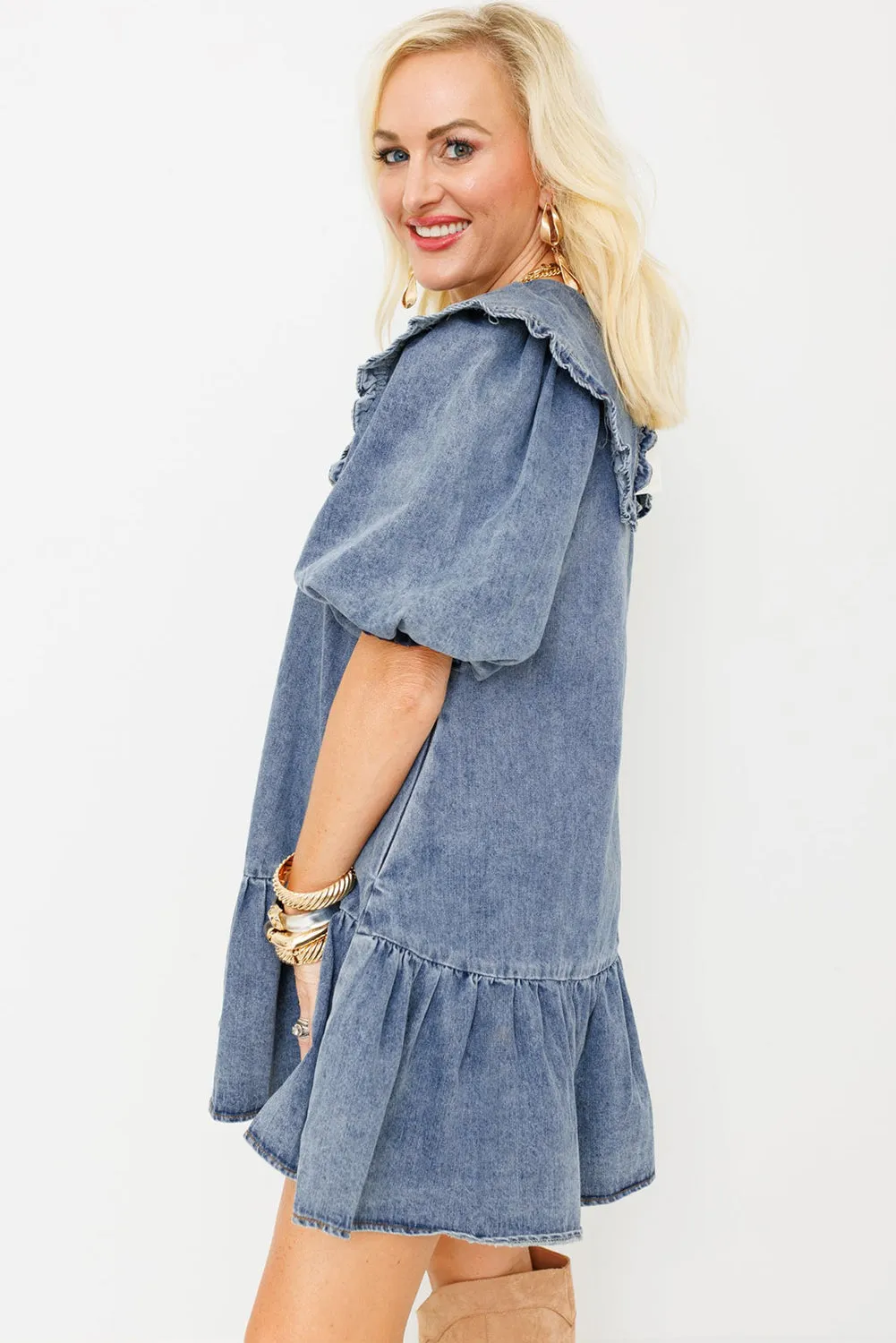 Mini-robe en jean bleu crépuscule avec poches latérales *