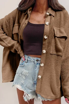 Veste à manches longues boutonnée en velours ctelé de couleur unie kaki foncé